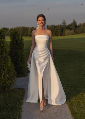 Strapless Ivory Satin Pleated Slit Wedding Dress